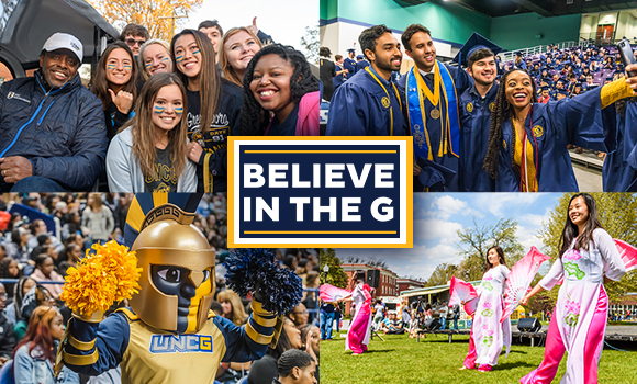 Collage of four campus photos with Believe in the G logo at the center