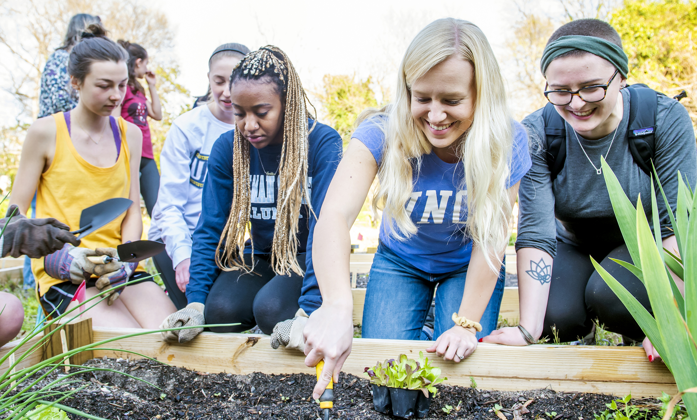 A smiling UNCG student digs in a garden bed as other students look on.