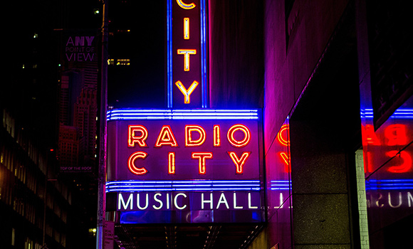 Exterior photo of Radio City Music Hall.