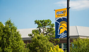 UNCG banner in trees