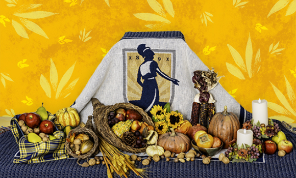Photography of UNCG-themed cornucopia table setting