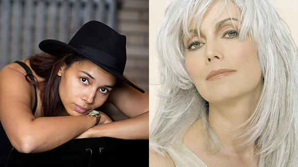 Portrait of Rhiannon Giddens on left and Emmylou Harris on right