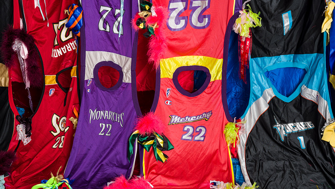Detail photo of art installation of WNBA jerseys