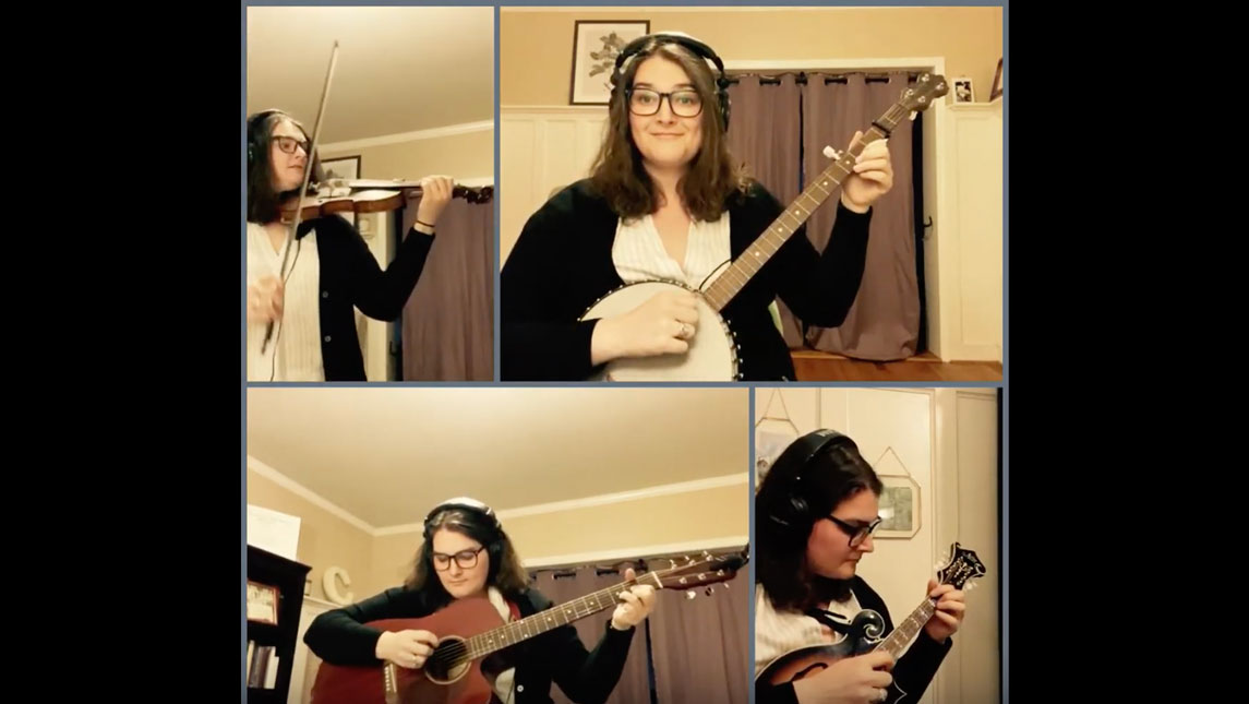 woman playing four instruments in four screens