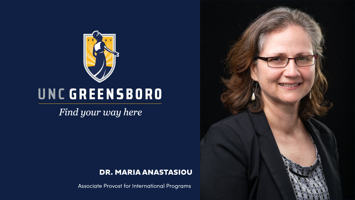 Graphic of UNCG logo and headshot of Maria Anastasiou