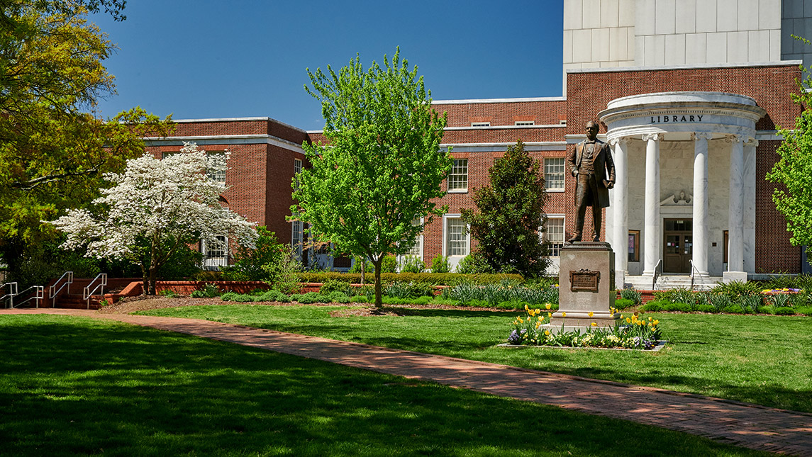 Photo of campus library and flowers