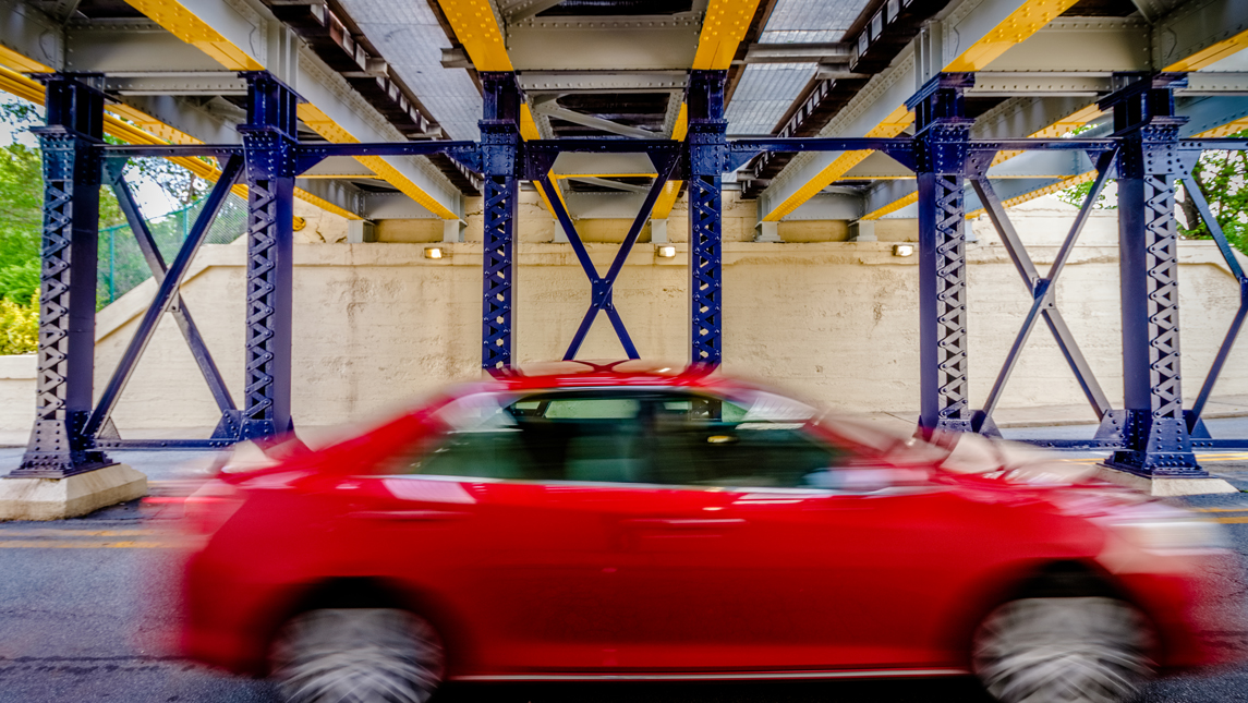 Railroad bridge with UNCG colors