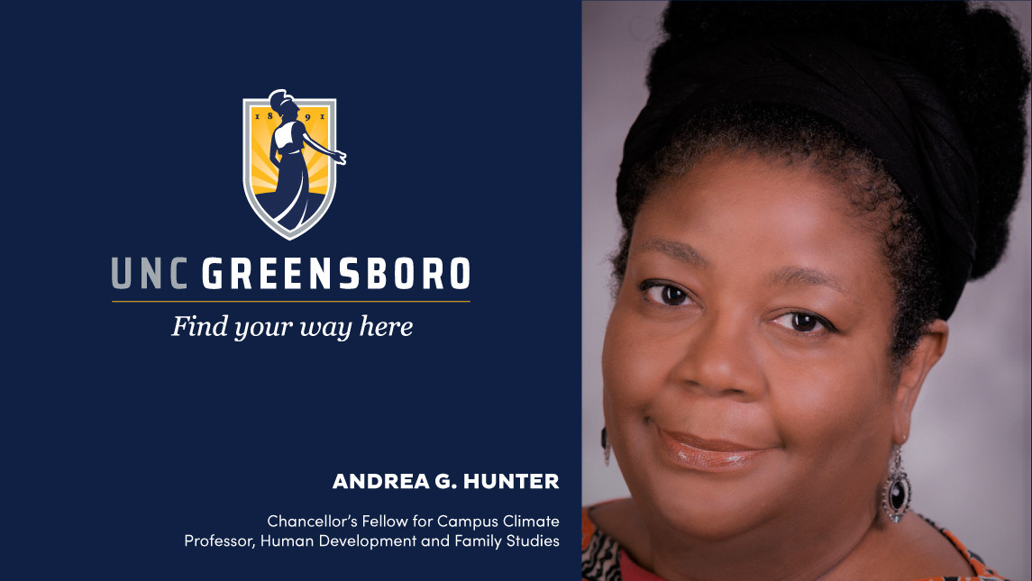 Photo of UNCG logo and head shot of Andrea Hunter