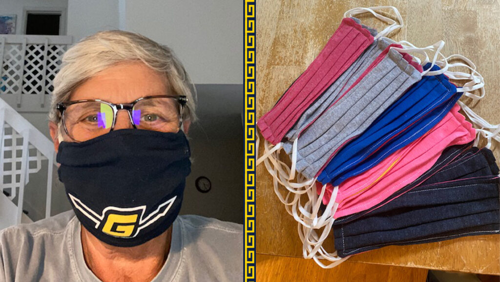 Photo of woman wearing face covering on left, and photo of stack of face coverings on right