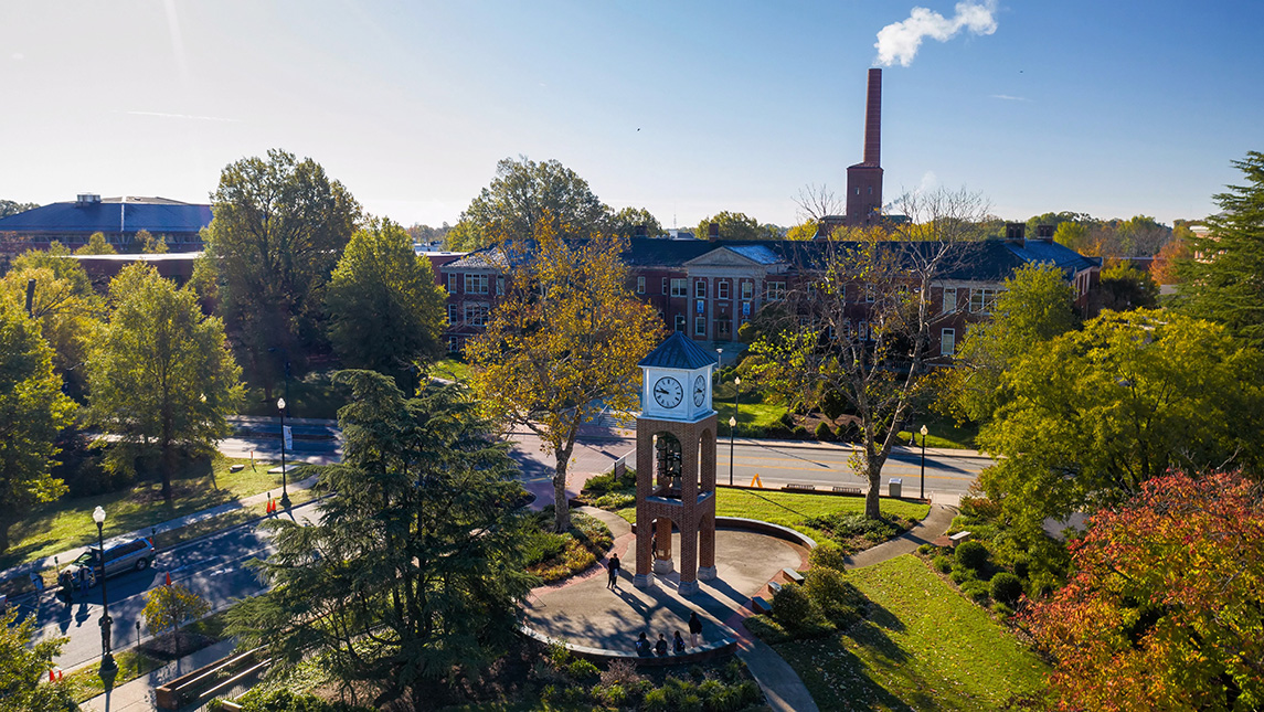 aerial view of campus during fall