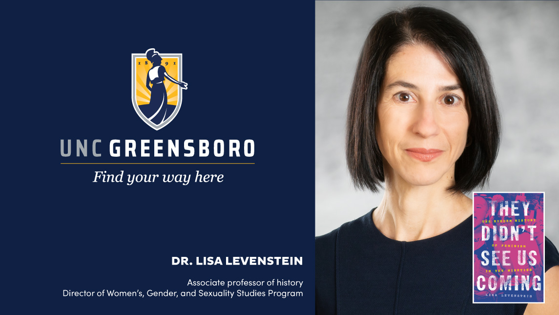 Composite image of UNCG logo, headshot of Lisa Levenstein, and photo of book cover