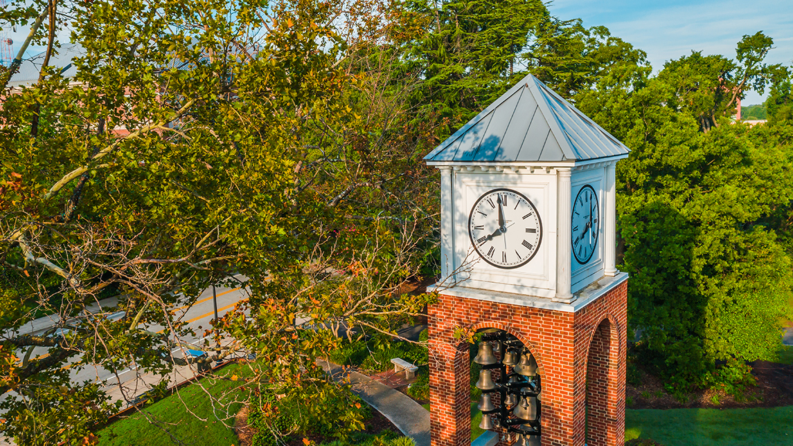 Aerial view of bell tower on campus