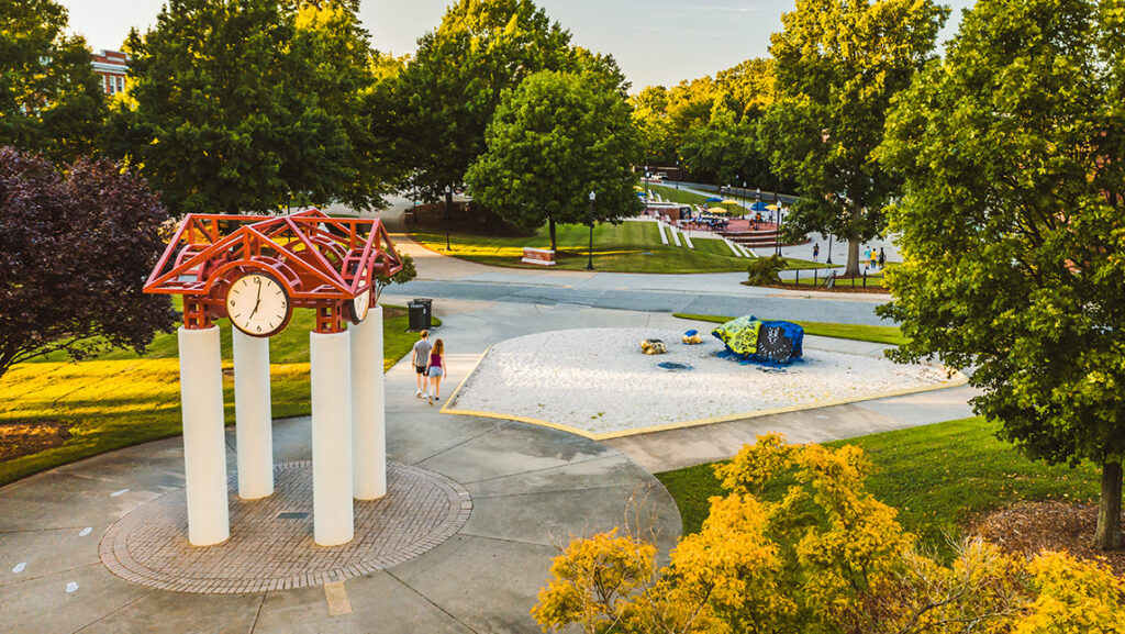 Aerial view of clock tower on campus