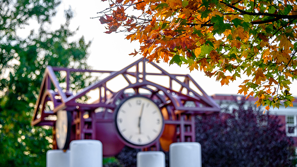fall foliage with clock tower in background