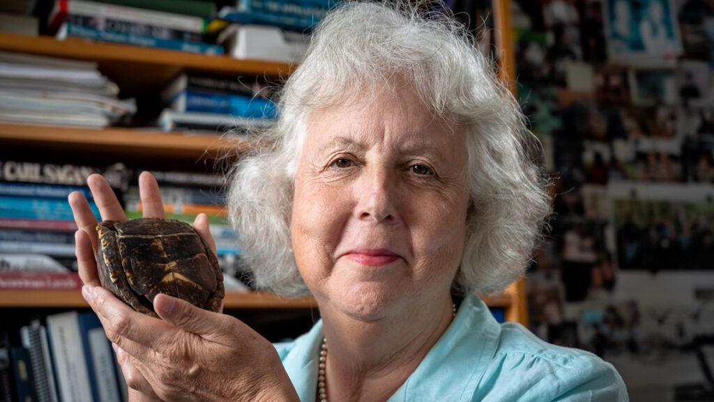Woman with turtle shell