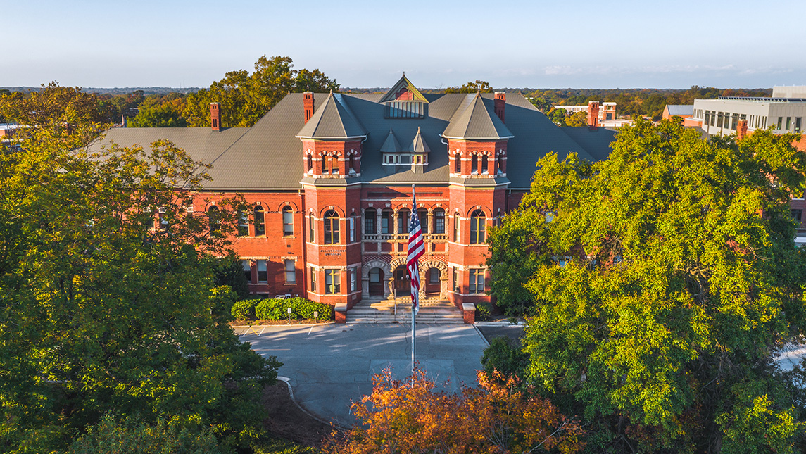 Aerial view of Foust Building during fall