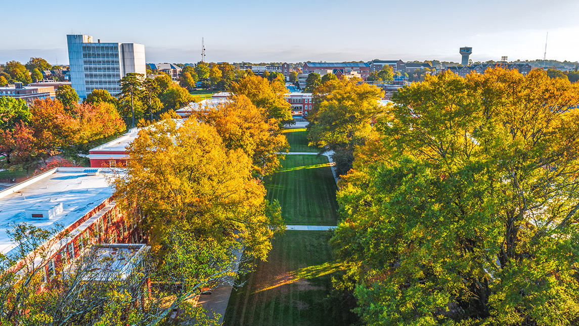 Aerial view of quad on campus during fall