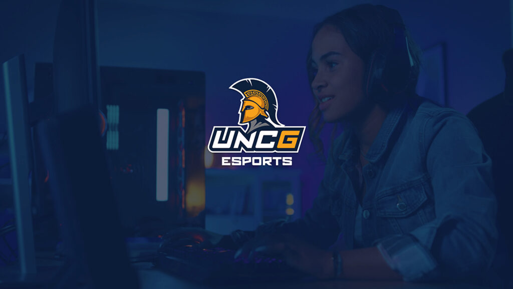 Graphic of esports logo with photo of woman on computer