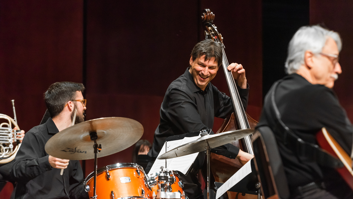 Steve Haines playing bass with ensemble
