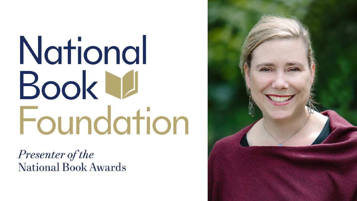 woman with National Book Foundation logo