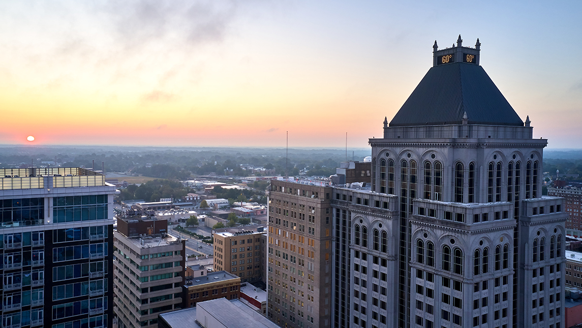 Aerial photo of downtown Greensboro skyline
