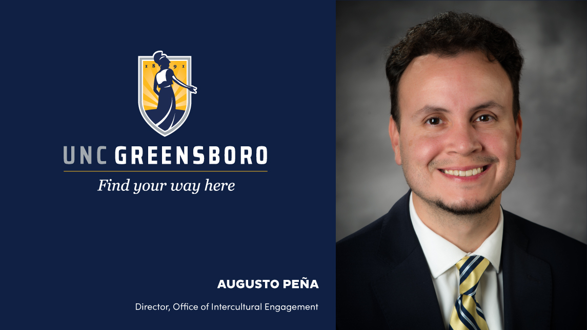 Graphic with head shot of Augusto Peña and UNCG logo