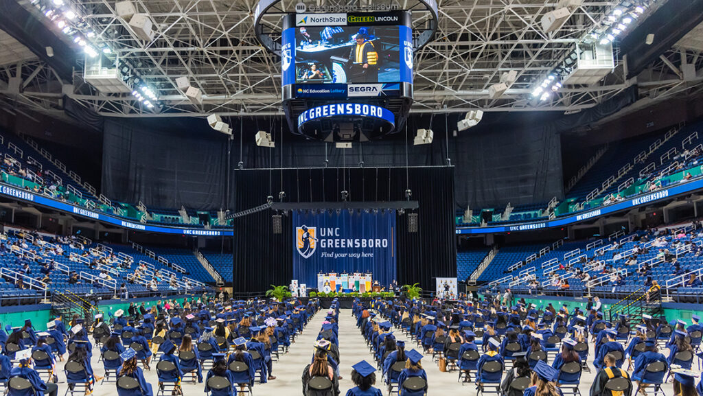 View of coliseum with students and families