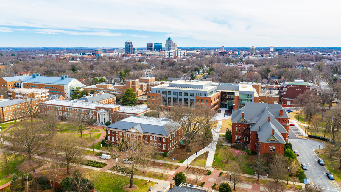 aerial view of campus and downtown