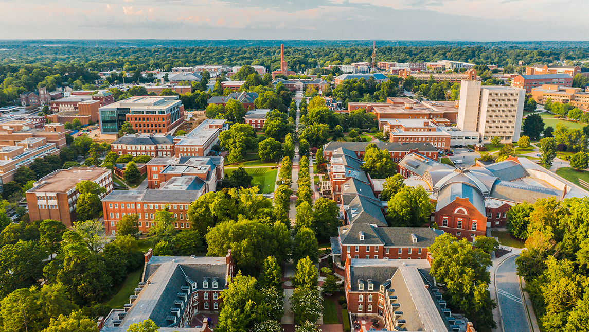 aerial shot of College Avenue and UNCG's campus in the fall