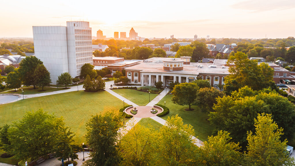 aerial photo of central campus, the EUC and the Jackson Library