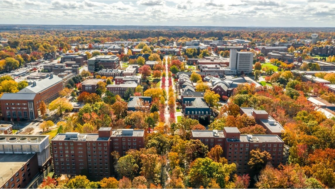 Aerial image of College Avenue and campus during the fall