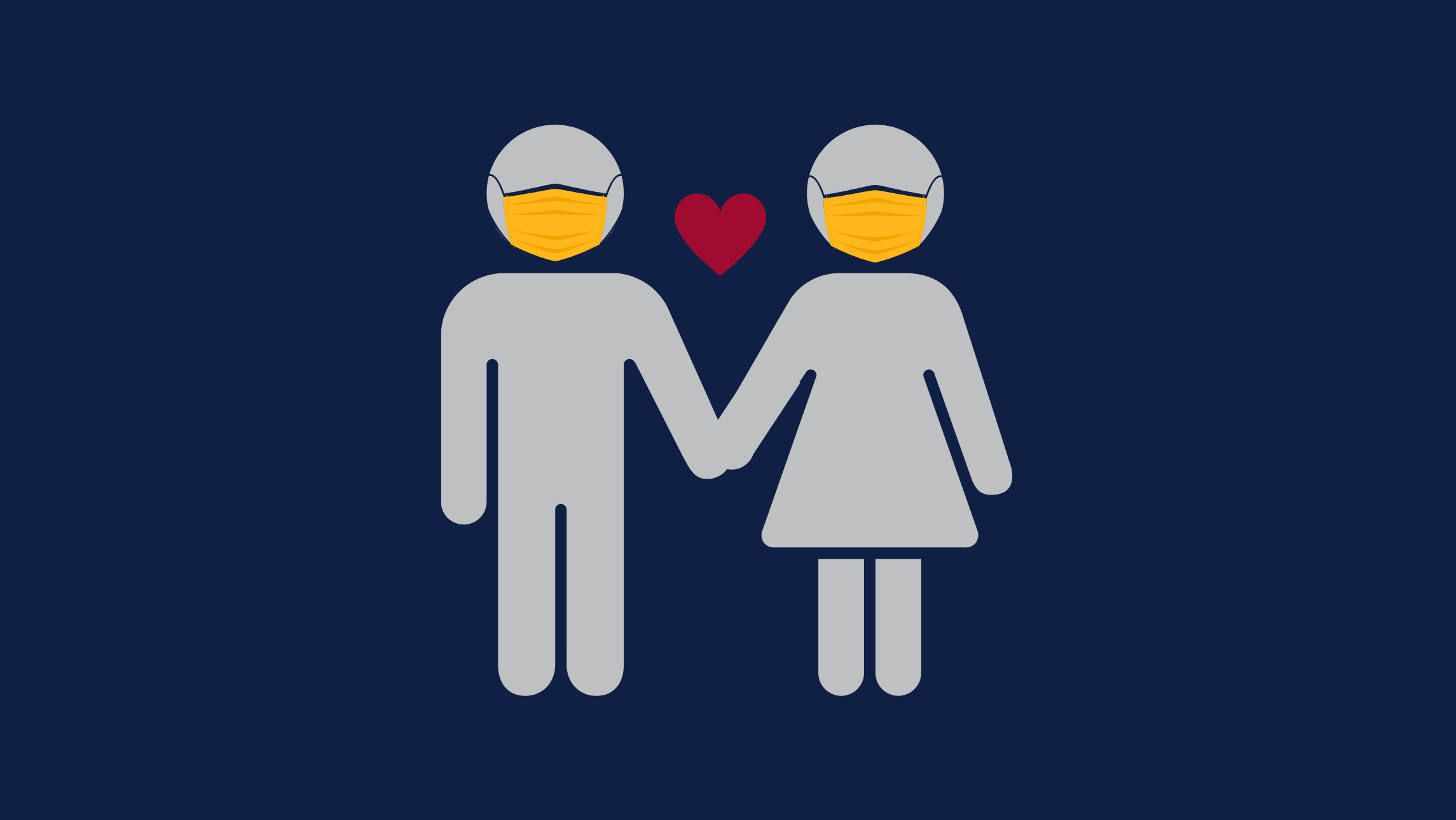 Graphic of a man and woman holding hands, wearing masks, with a heart in between them