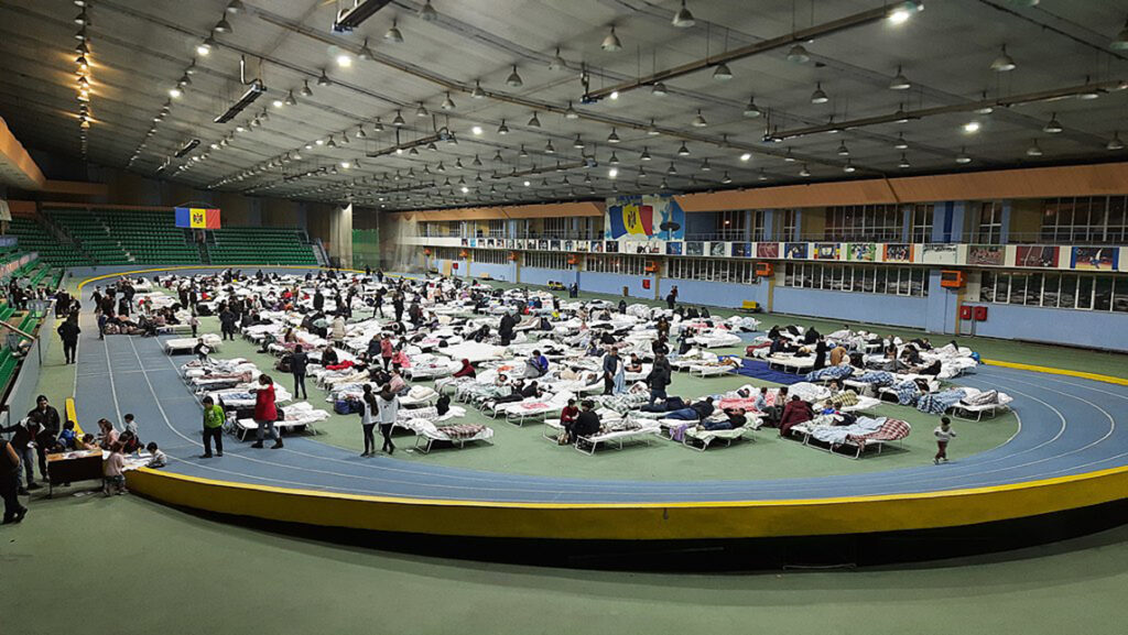 Center for Ukrainian refugees set up in the Manej athletics center, Moldova.