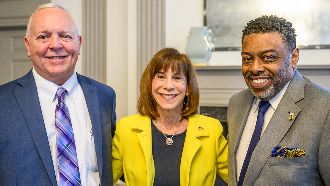 Pictured are Congresswoman Kathy Manning, Chancellor Gilliam and Steve Lingerfelt in the Oakley Family Room at Alumni House on the UNCG campus. Manning recently secured $1,500,000 for the High-Speed Education Network Access Pilot at UNCG, known as TDI (Technology Data Institute).