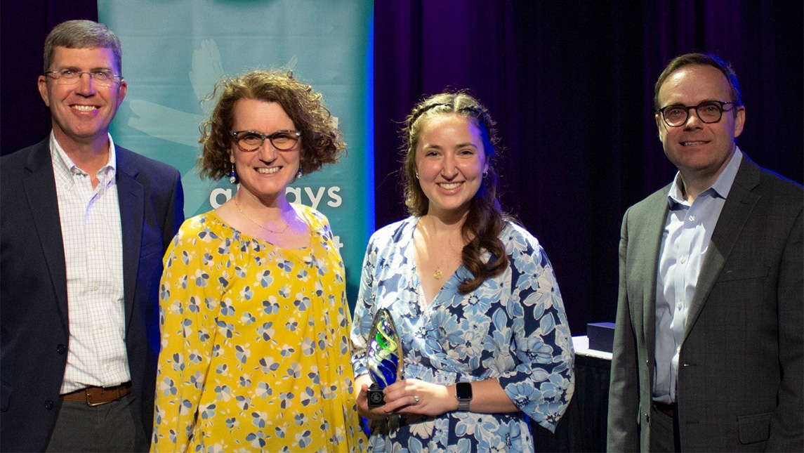 Speaking Center receives Brant Taylor Barrier Free Success Award. Bret Christensen, President and CEO Greensboro Chamber of Commerce; Kim Cuny, Director, UNCG Speaking Center; Abby Salah, Graduate Assistant Director, Speaking Center; Brian Vannoy, EVP & Chief Credit and Risk Officer, Allegancy Federal Credit Union