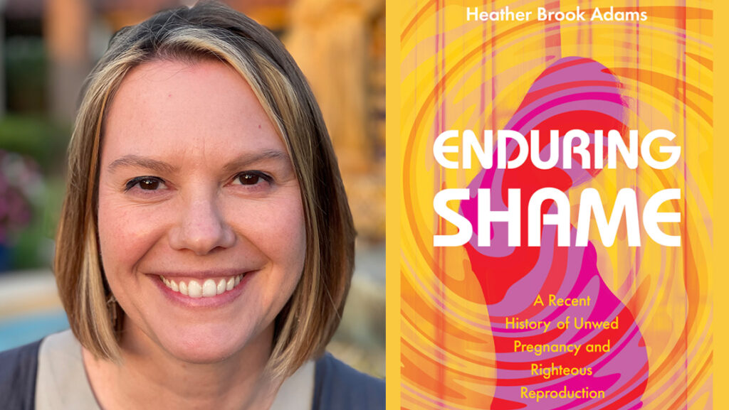 a woman and a book cover for "Enduring Shame"
