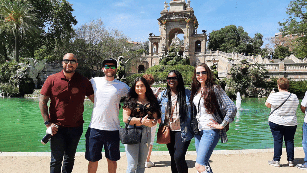 Five students pose in front of a fountain for study abroad in Spain for Nursing