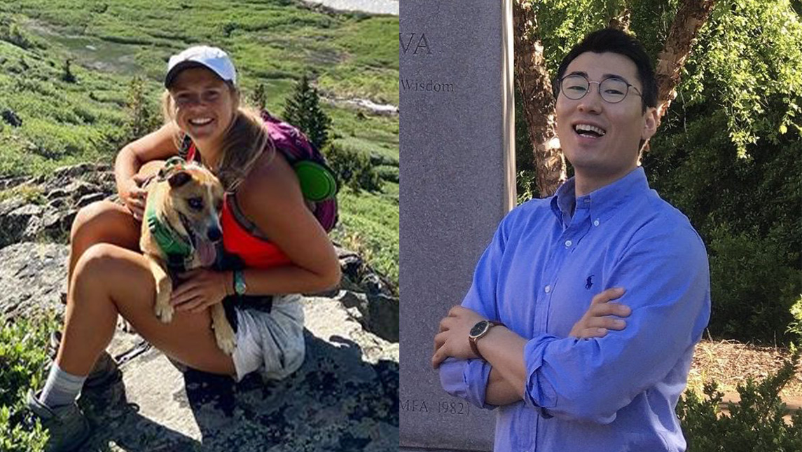 Claire Newman poses with her dog on a hike and Yongsun Lee poses on the UNCG campus