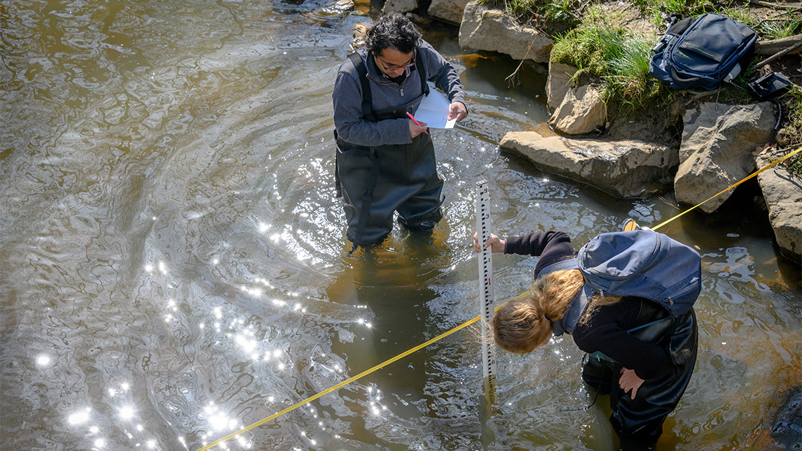 Two students look into a stream.