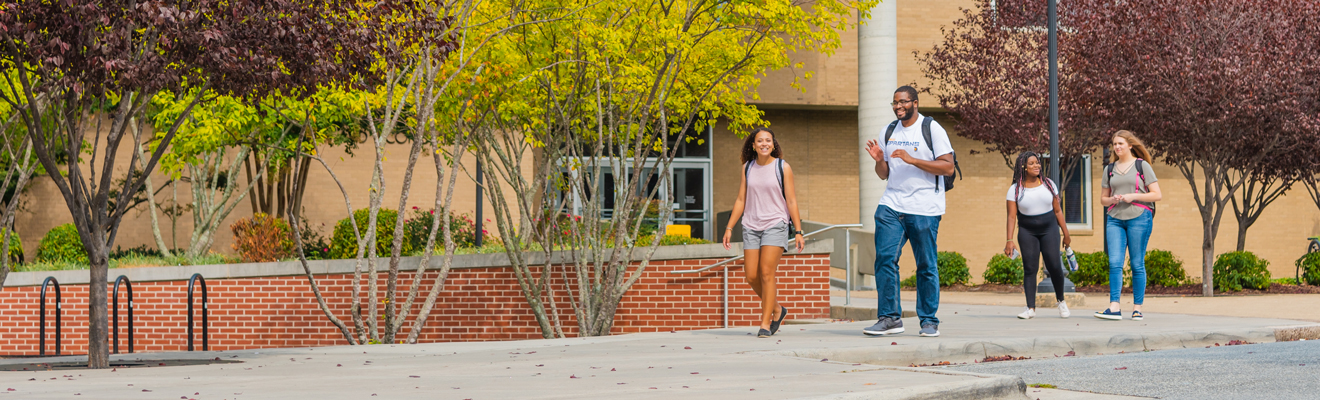 UNCG Bryan MS in IT and Management students walk by the Bryan School of Business and Economics building.