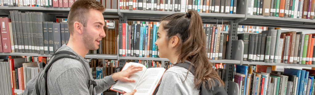 Students conversing in the library.