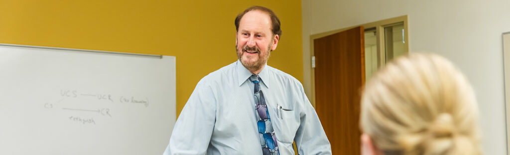 A professor stands at the front of a classroom. Blurry in the foreground, a student sits behind their laptop.