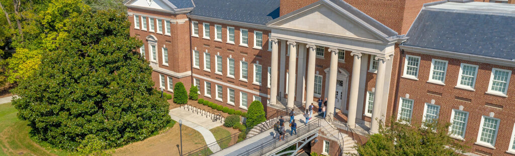 Aerial view of brick and stone academic building