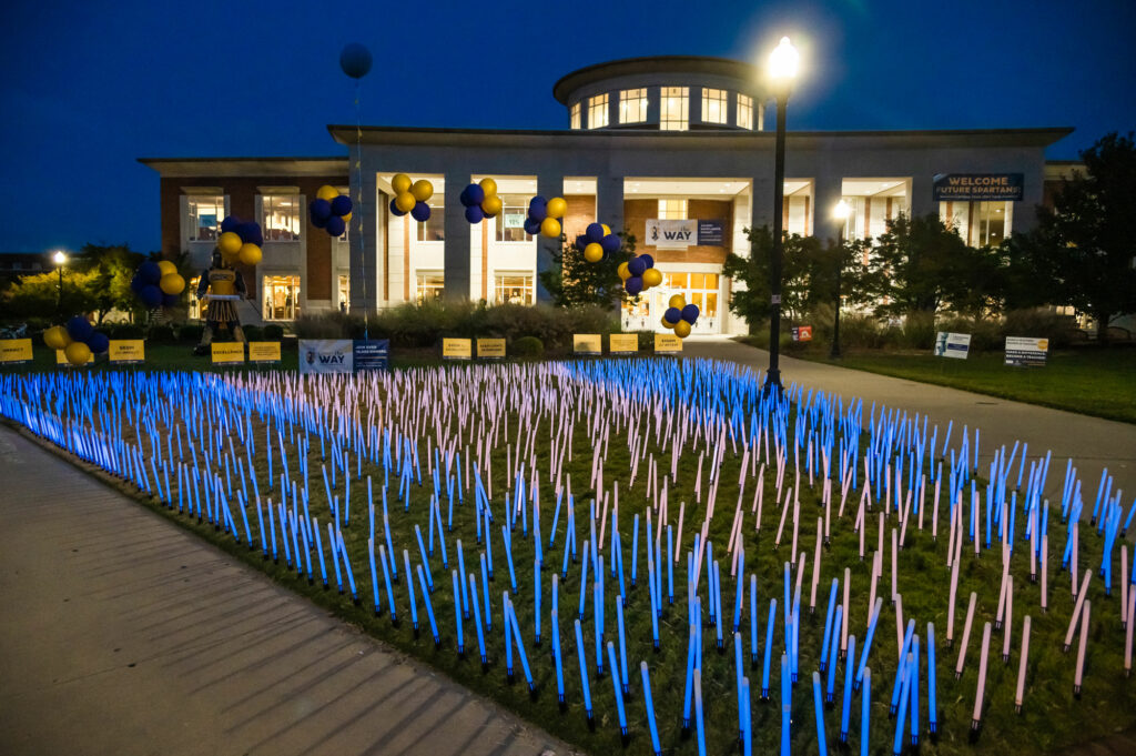 Lights on the lawn of the Elliott University Center represent the number of donors who financially support student scholarships, excellence in academic programs, and impactful community engagement at UNC Greensboro.