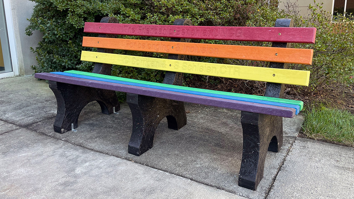 Brightly colored friendship bench.