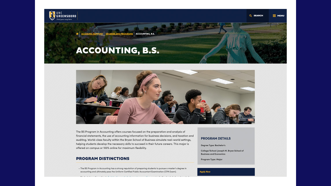 This is a preview of a sample program page on the new uncg.edu.