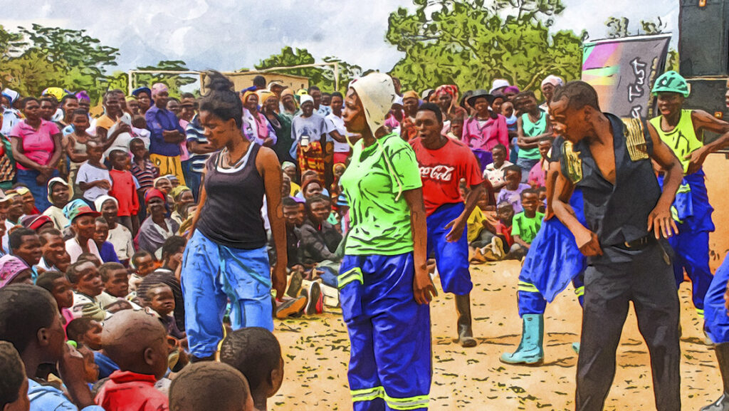Savana Trust performing in a village in Zimbabwe. On November 15, Daniel Maposa, the founder and artistic director of Savana Trust will be teaching a class on "Political Theatre in Zimbabwe."