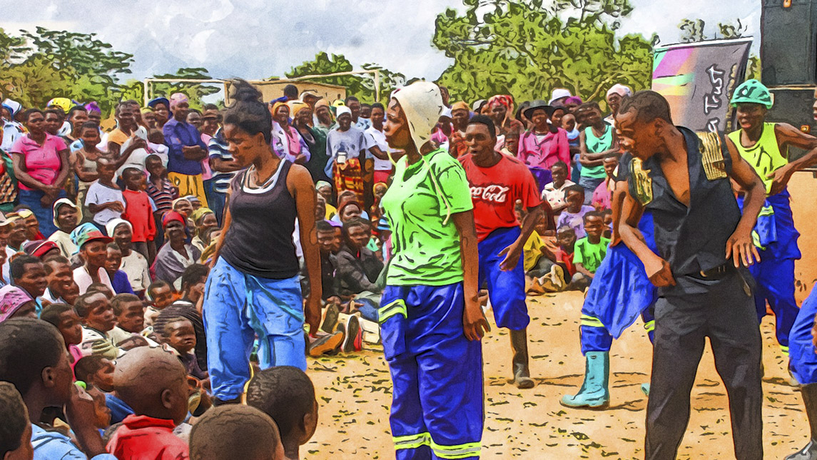Savana Trust performing in a village in Zimbabwe. On November 15, Daniel Maposa, the founder and artistic director of Savana Trust will be teaching a class on 