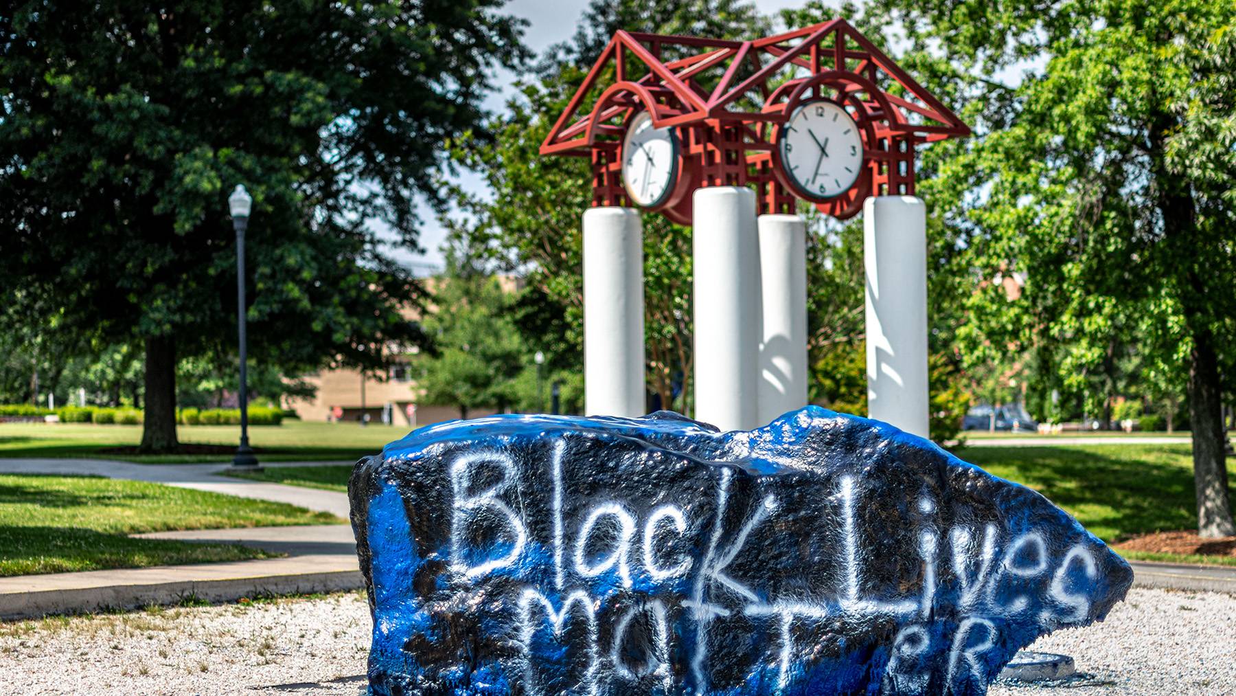 The phrase Black Lives Matter is painted on The Rawk on UNCG’s campus.