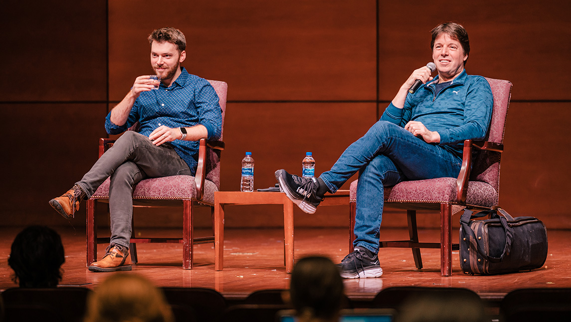 Violinist Joshua Bell and pianist Peter Dugan answer questions from music students on the Tew Recital Hall stage.